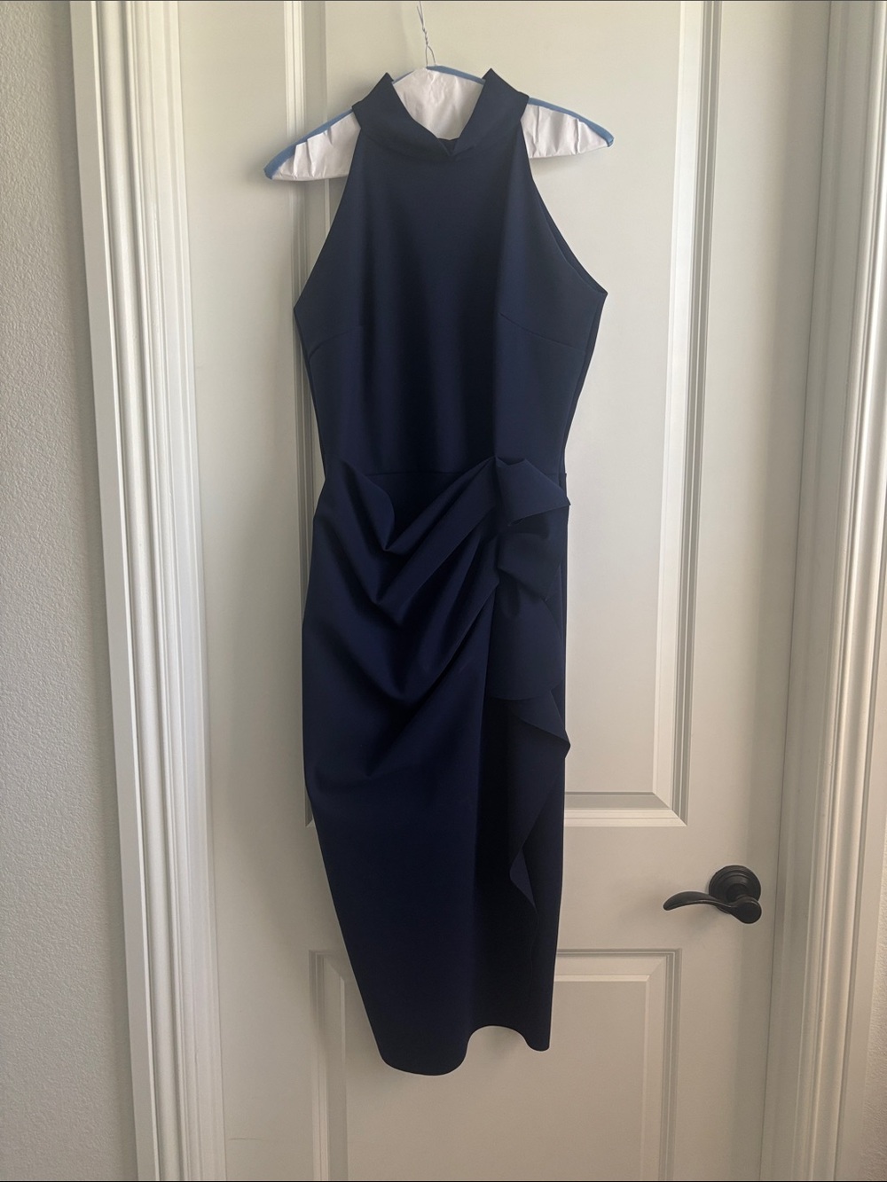 Chiara Boni Navy High-Neck Midi Dress with Draped Side Detail
